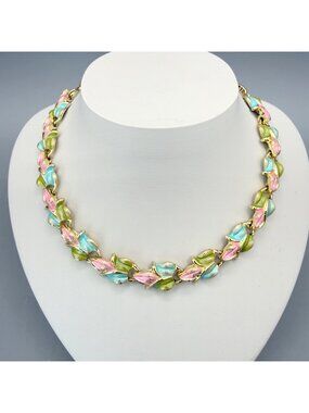 Vintage Pastel Enamel Leaf Collar Necklace Gold Tone Adjustable Chain 14-16 Inch